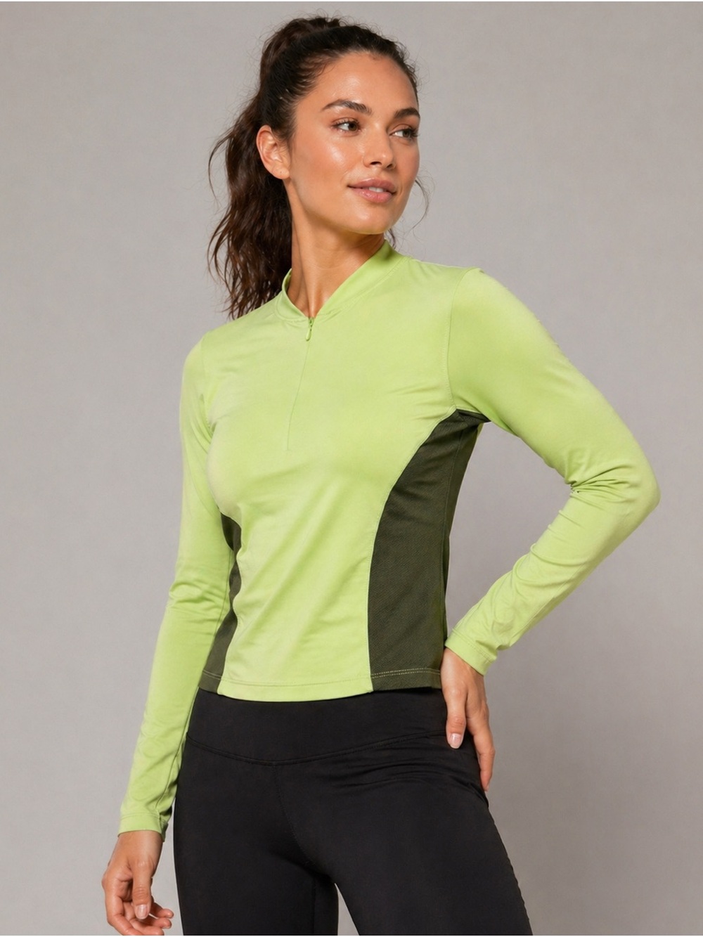 Champion Lime Green Long Sleeve Zip-Front Top with Olive Panels